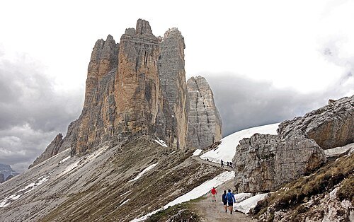 Well-marked hiking trail leading toward the Tre Cime di Lavaredo peaks in the Sexten Dolomites, Italy